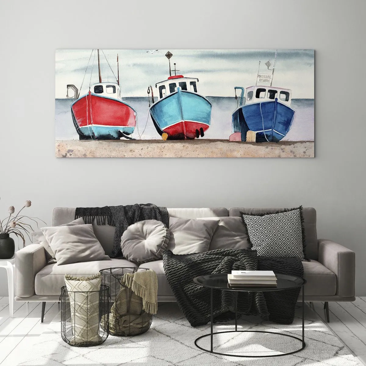Glasbild - Bild auf glas - Bunte Fischerboote am Ufer in einer Meereslandschaft - 140x50cm - Bereit zum Fang - Moderne Wanddekoration für Wohnzimmer und Schlafzimmer ARTTOR