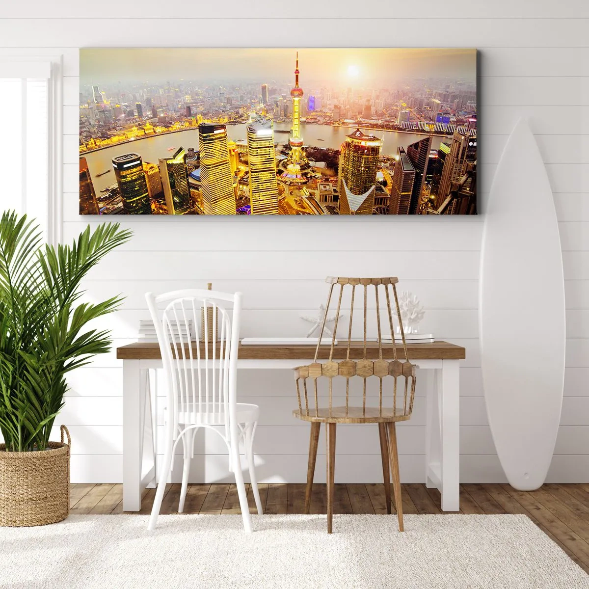 Bild auf Leinwand - Leinwandbild - Stadtpanorama mit Wolkenkratzern bei Sonnenuntergang - 120x50cm - Asiatischer Traum - Moderne Wanddekoration für Wohnzimmer und Schlafzimmer ARTTOR