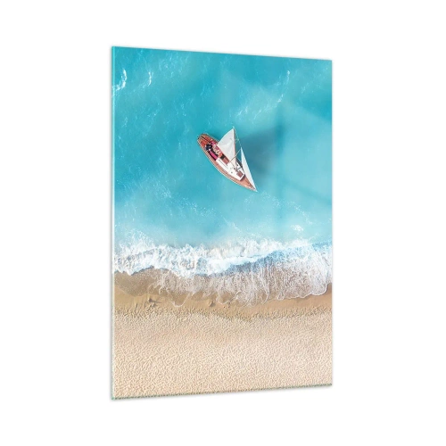 Glasbild - Bild auf glas - Ein Segelboot auf dem azurblauen Meer an einem Sandstrand - 50x70cm - An der Grenze von Blau und Gold - Moderne Wanddekoration für Wohnzimmer und Schlafzimmer ARTTOR