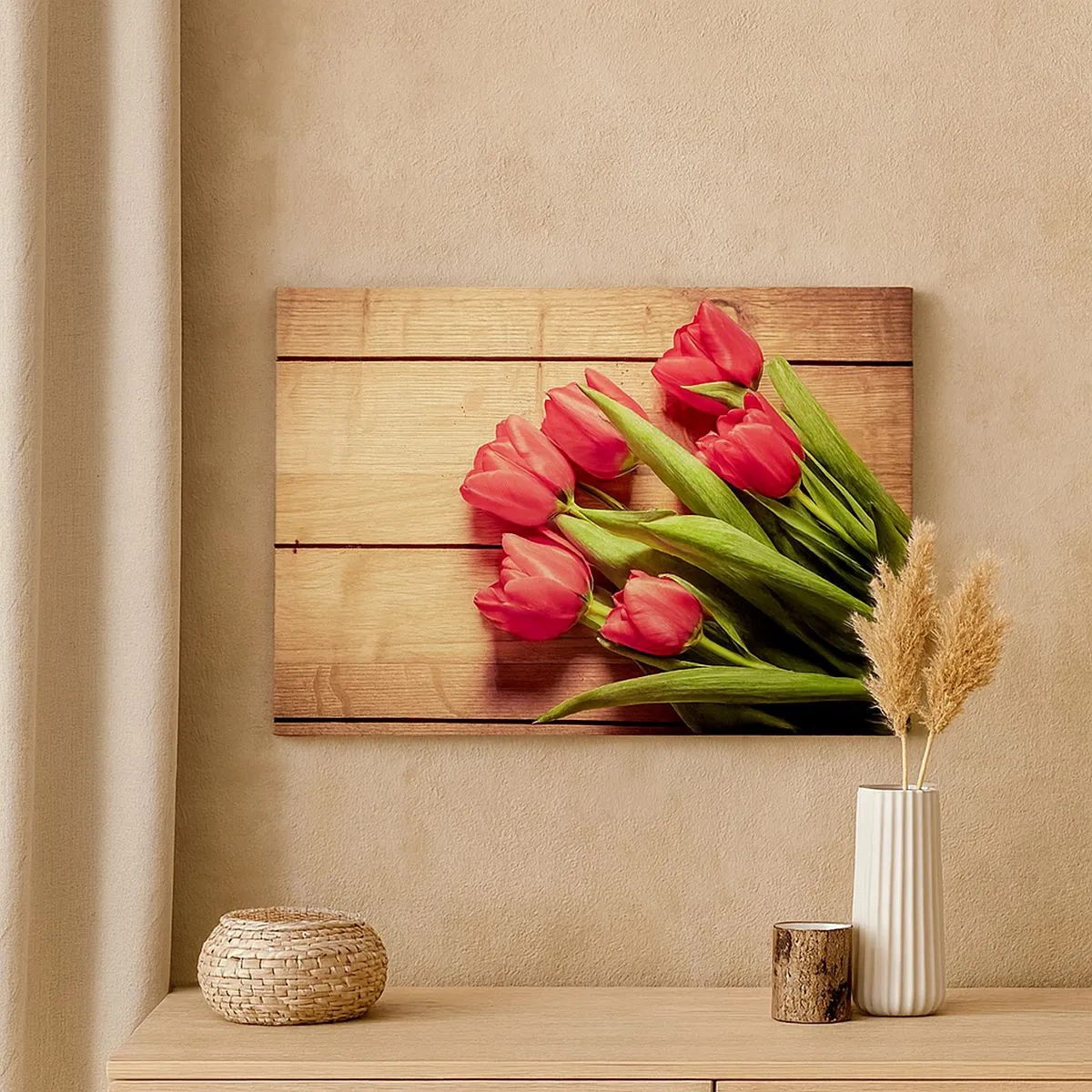 Bild auf Leinwand - Leinwandbild - Ein Strauß rosa Tulpen auf einem hölzernen Hintergrund - 70x50cm - Frühlingsgeständnis - Moderne Wanddekoration für Wohnzimmer und Schlafzimmer ARTTOR