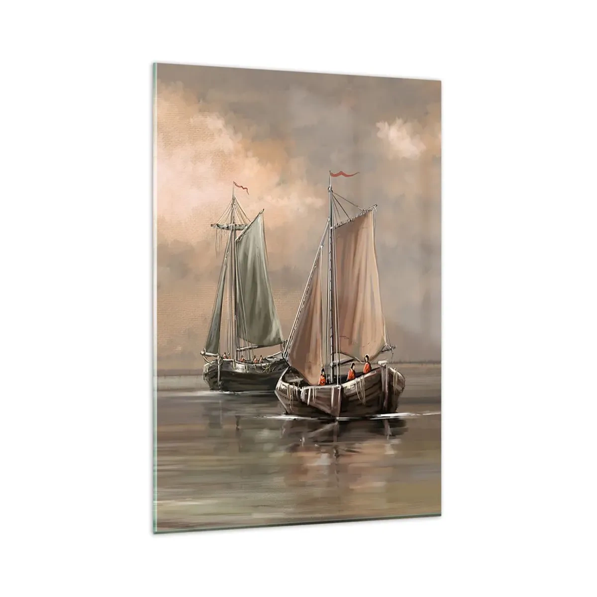 Glasbild - Bild auf glas - Segelboote auf ruhigem Meer in pastellfarbener Umgebung - 80x120cm - Die Rückkehr der Matrosen - Moderne Wanddekoration für Wohnzimmer und Schlafzimmer ARTTOR