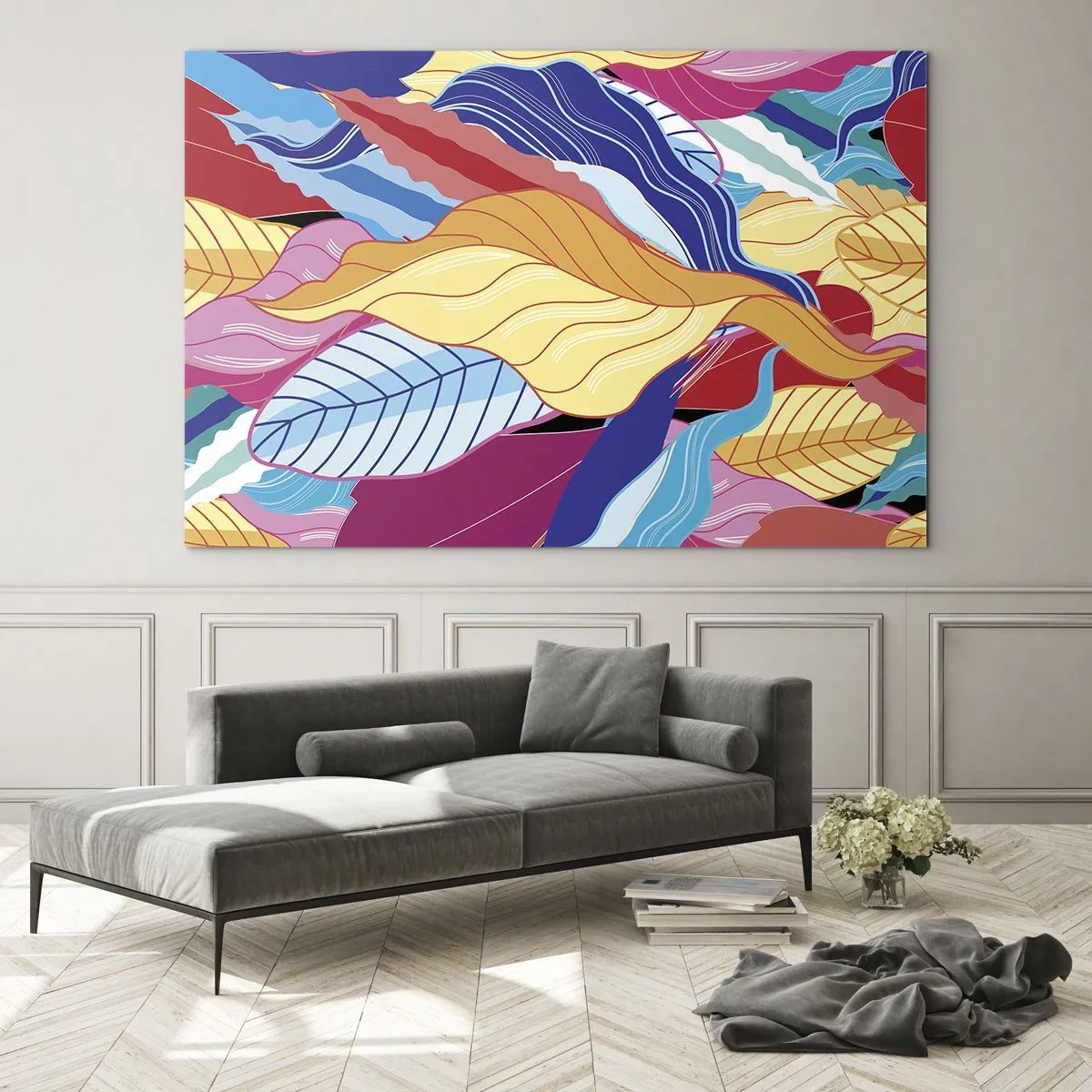 Glasbild - Bild auf glas - Bunte abstrakte Blätter auf einem Glashintergrund - 70x50cm - Buntes Durcheinander - Moderne Wanddekoration für Wohnzimmer und Schlafzimmer ARTTOR