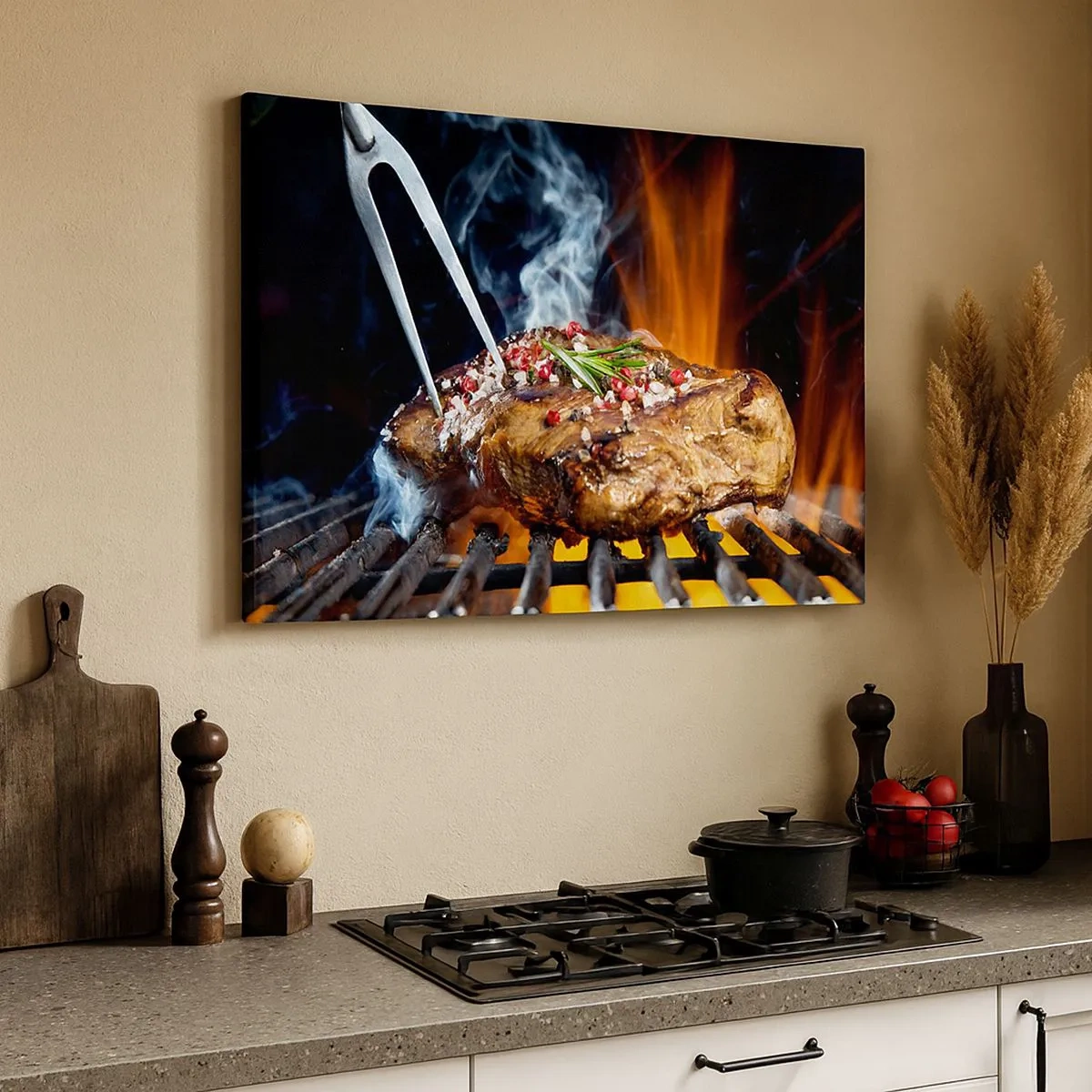 Bild auf Leinwand - Leinwandbild - Gegrilltes Steak auf einem Grill mit Gewürzen - 70x50cm - Saftig und duftend - Moderne Wanddekoration für Wohnzimmer und Schlafzimmer ARTTOR