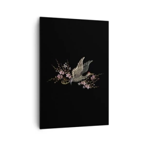 Bild auf Leinwand - Leinwandbild - Ein Vogel im Flug mit Blumen auf schwarzem Hintergrund - 70x100cm - Exotischer gestickter Vogel - Moderne Wanddekoration für Wohnzimmer und Schlafzimmer ARTTOR