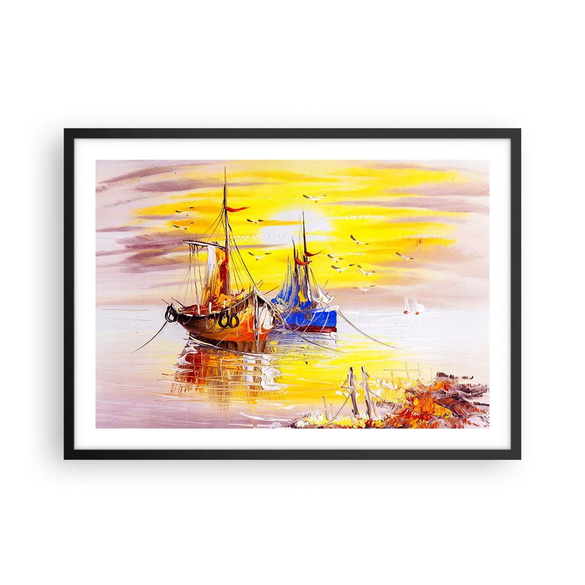 Poster in einem schwarzem Rahmen - Eine malerische Szene von Booten auf ruhiger See - 70x50cm - Eine wohlverdiente Pause im Hafen - Moderne Wanddekoration für Wohnzimmer und Schlafzimmer ARTTOR