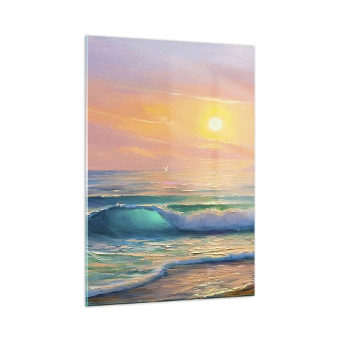 Glasbild - Bild auf glas - Meereslandschaft mit Wellen und Sonnenuntergang in Türkistönen - 50x70cm - Ein türkisfarbenes Lied der Wellen - Moderne Wanddekoration für Wohnzimmer und Schlafzimmer ARTTOR