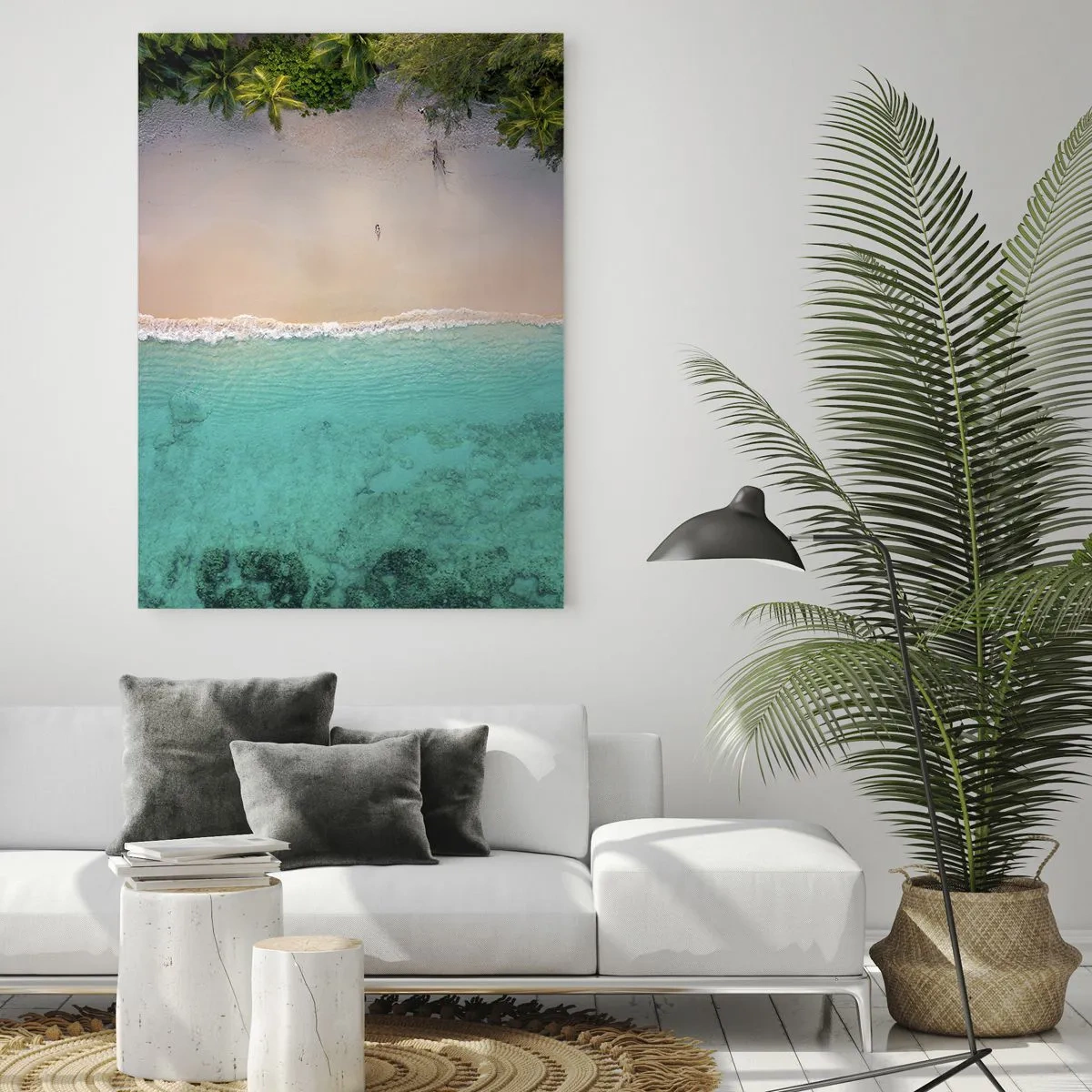 Glasbild - Bild auf glas - Luftaufnahme eines tropischen Strandes mit türkisfarbenem Wasser - 70x100cm - Paradiesstrand - Moderne Wanddekoration für Wohnzimmer und Schlafzimmer ARTTOR