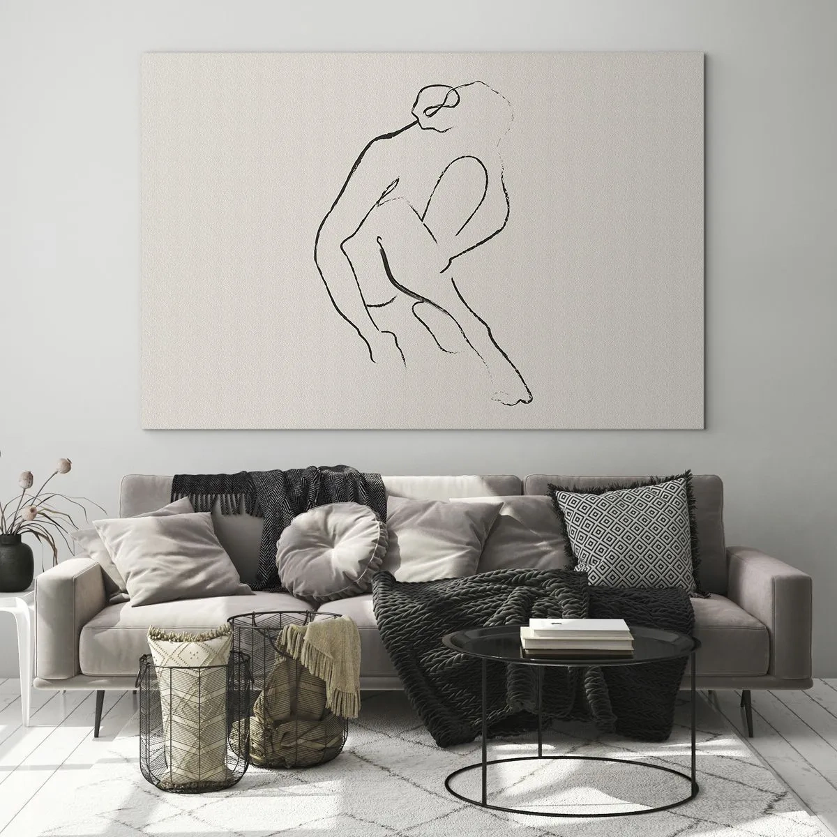 Glasbild - Bild auf glas - Eine minimalistische Skizze einer weiblichen Silhouette in sitzender Position. - 120x80cm - Intime Skizze - Moderne Wanddekoration für Wohnzimmer und Schlafzimmer ARTTOR