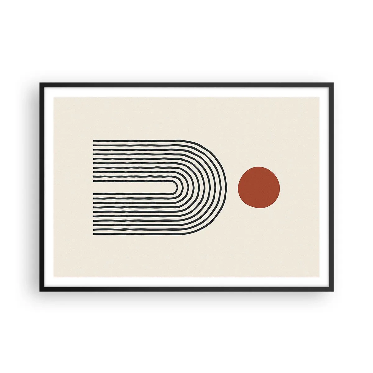 Poster in einem schwarzem Rahmen - Modernes abstraktes Muster mit Linien und einem roten Kreis - 100x70cm - Magnetismus von Formen und Farben - Moderne Wanddekoration für Wohnzimmer und Schlafzimmer ARTTOR