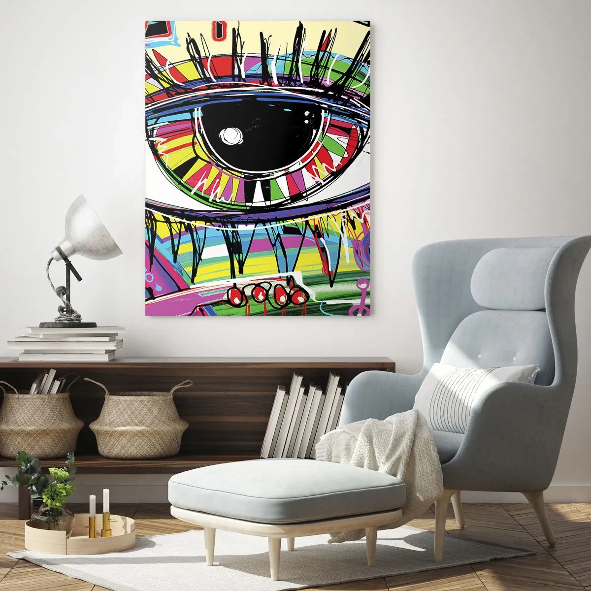 Glasbild - Bild auf glas - Buntes abstraktes Graffiti-Auge - 80x120cm - Buntes Auge - bunte Seele - Moderne Wanddekoration für Wohnzimmer und Schlafzimmer ARTTOR