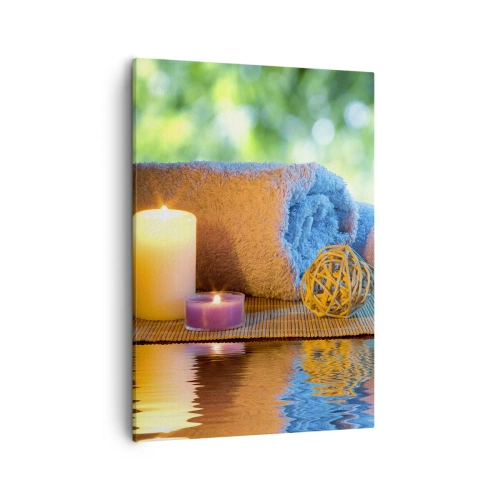 Bild auf Leinwand - Leinwandbild - Entspannendes SPA-Set mit Handtüchern, Kerzen und Steinen - 50x70cm - Zeit für den Körper - Moderne Wanddekoration für Wohnzimmer und Schlafzimmer ARTTOR