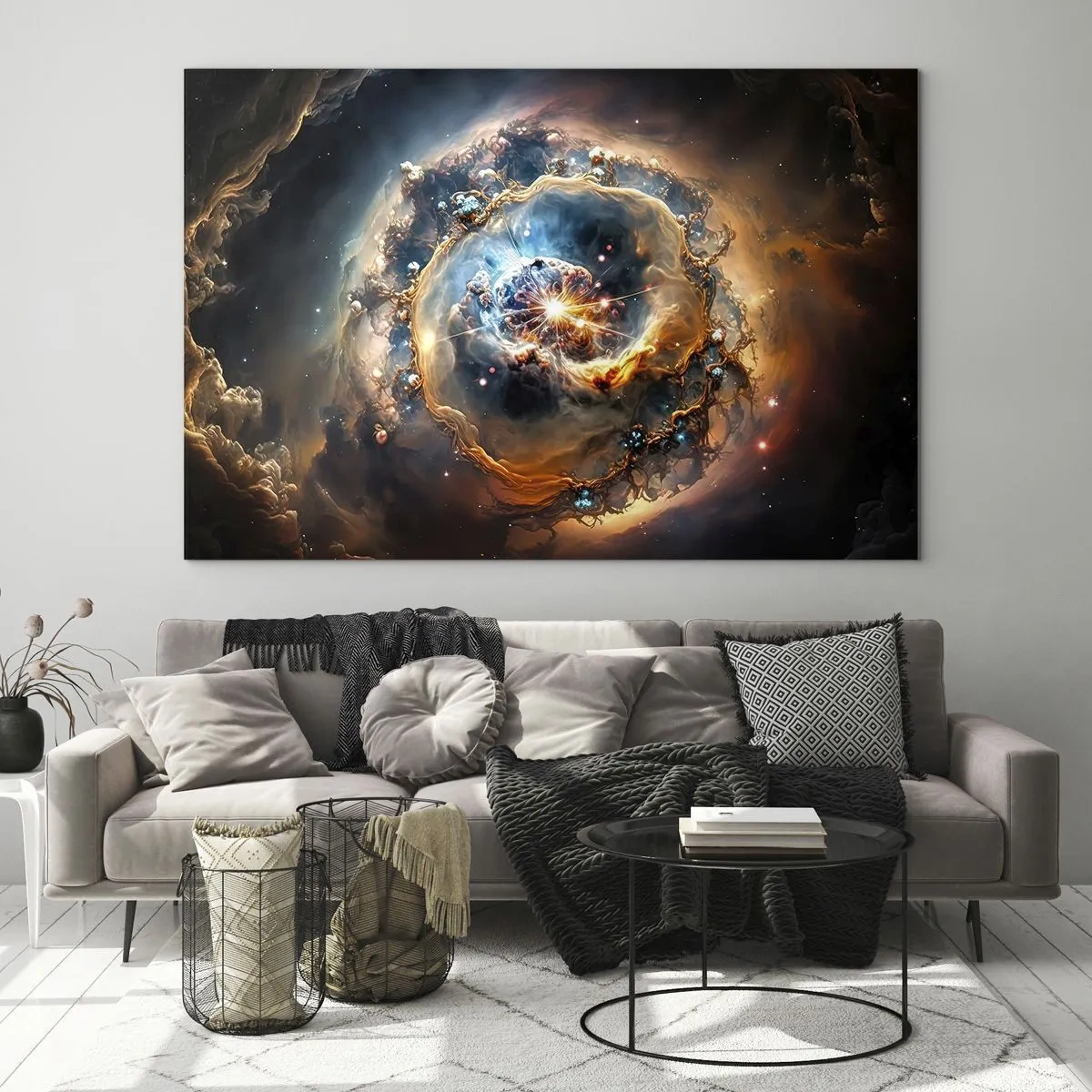 Glasbild - Bild auf glas - Eine kosmische Explosion im Zentrum eines galaktischen Wirbels - 100x70cm - Anfang - Moderne Wanddekoration für Wohnzimmer und Schlafzimmer ARTTOR