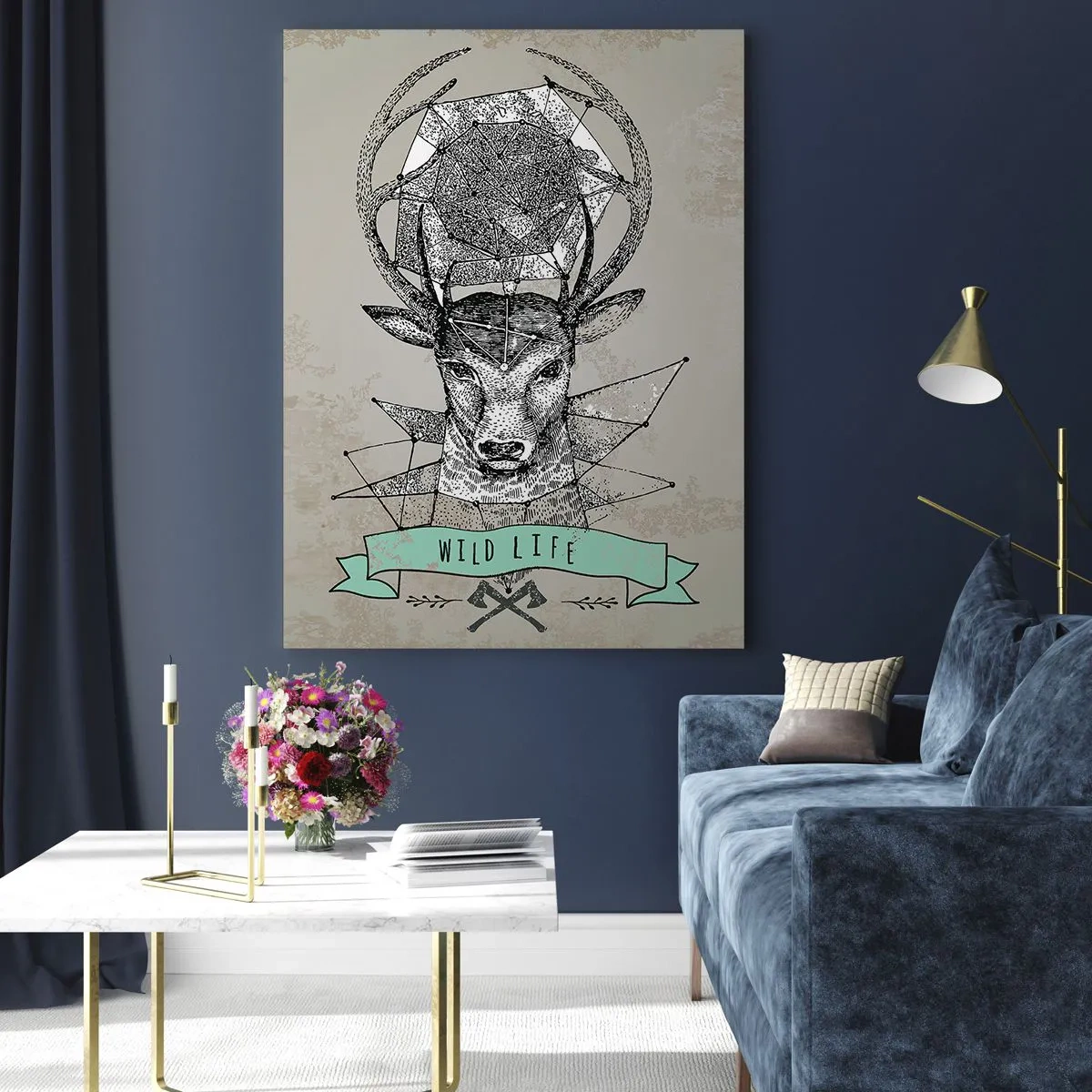 Glasbild - Bild auf glas - Geometrische Zeichnung eines Hirsches mit der Aufschrift Wild Life - 50x70cm - St. sehen Hubertus - Moderne Wanddekoration für Wohnzimmer und Schlafzimmer ARTTOR