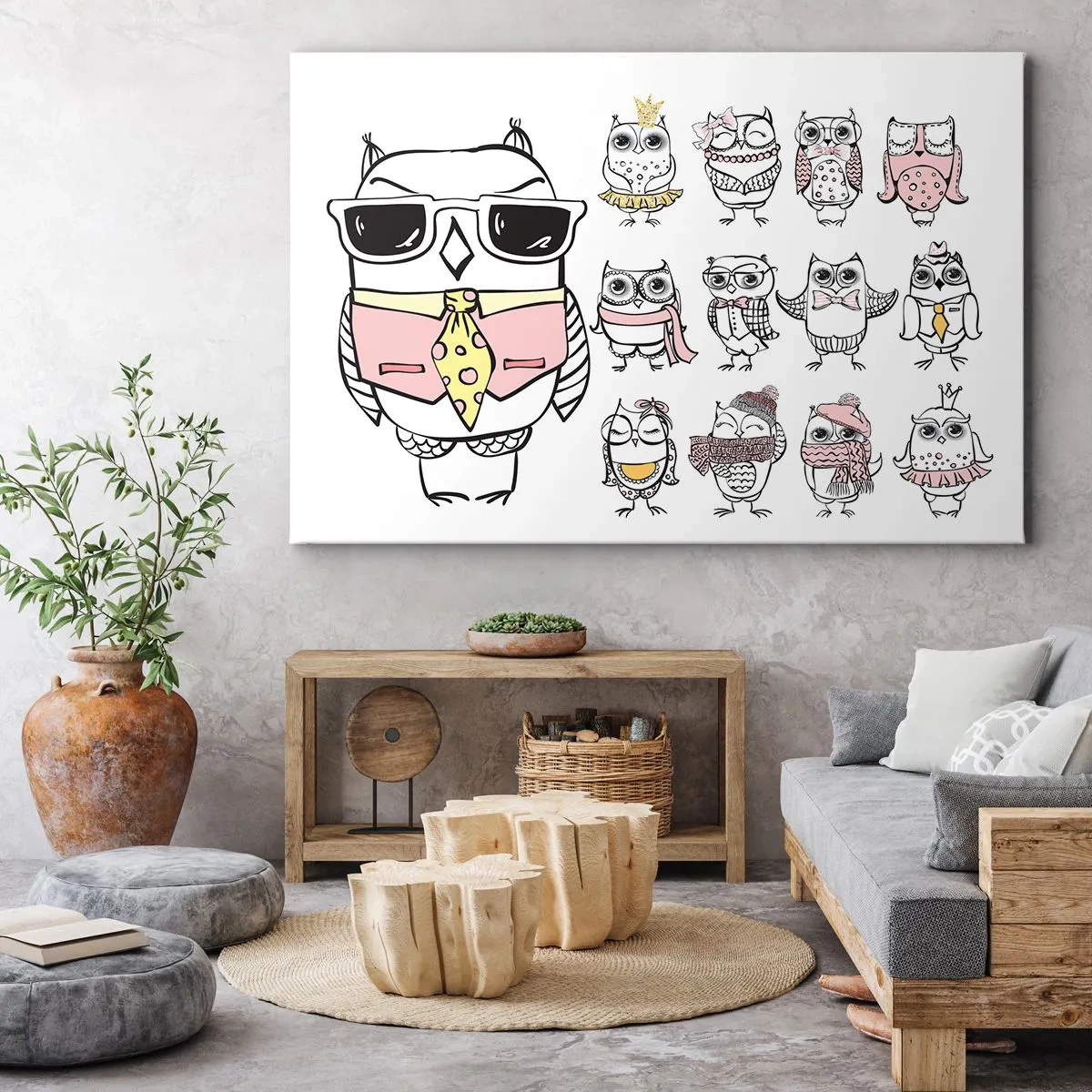 Bild auf Leinwand - Leinwandbild - Eulen in verschiedenen Stilen und Kleidern - 100x70cm - So viele Rollen zu spielen - Moderne Wanddekoration für Wohnzimmer und Schlafzimmer ARTTOR