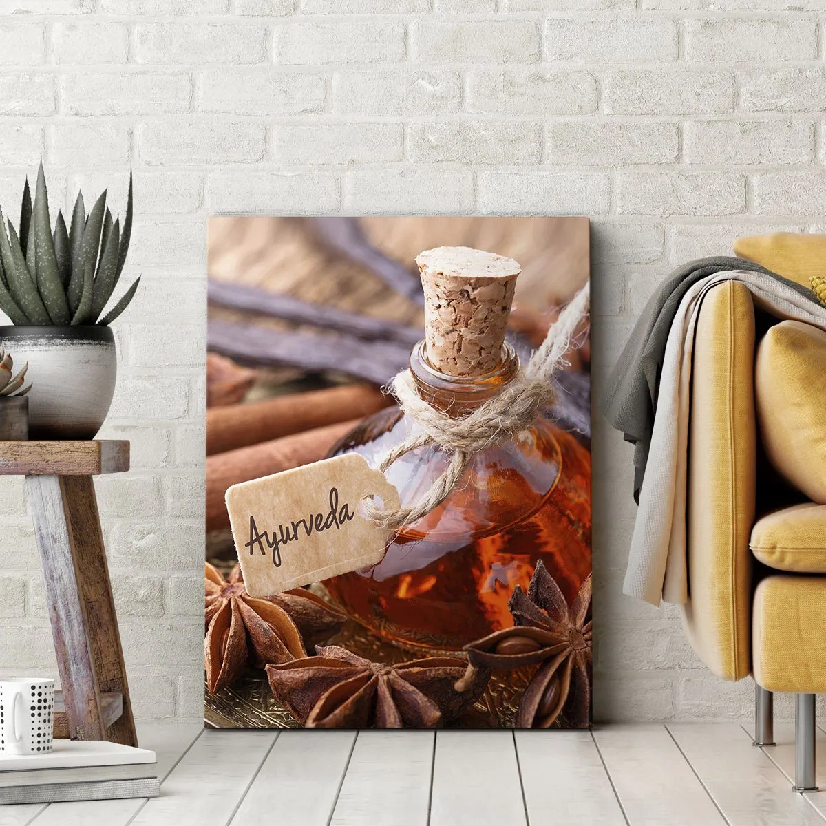 Bild auf Leinwand - Leinwandbild - Eine Flasche Gewürzöl auf einem Tablett - 80x120cm - Zur Einheit von Körper und Geist - Moderne Wanddekoration für Wohnzimmer und Schlafzimmer ARTTOR