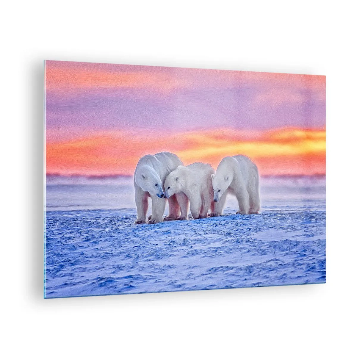 Glasbild - Bild auf glas - Drei Eisbären auf einem verschneiten Hintergrund bei Sonnenuntergang - 70x50cm - Familienwärme ist genug - Moderne Wanddekoration für Wohnzimmer und Schlafzimmer ARTTOR