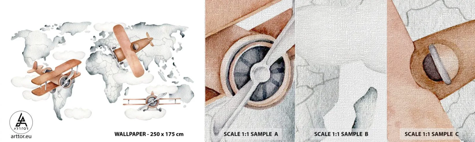 Fototapeten Muster Premium Canvas - Im Pioniergeist - Weltkarte, Flugzeuge, Kinder - 100x30 cm