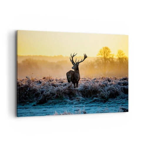 Bild auf Leinwand - Leinwandbild - Ein Reh auf einer frostigen Lichtung bei Sonnenaufgang - 120x80cm - Gekrönt auf seinem Besitz - Moderne Wanddekoration für Wohnzimmer und Schlafzimmer ARTTOR