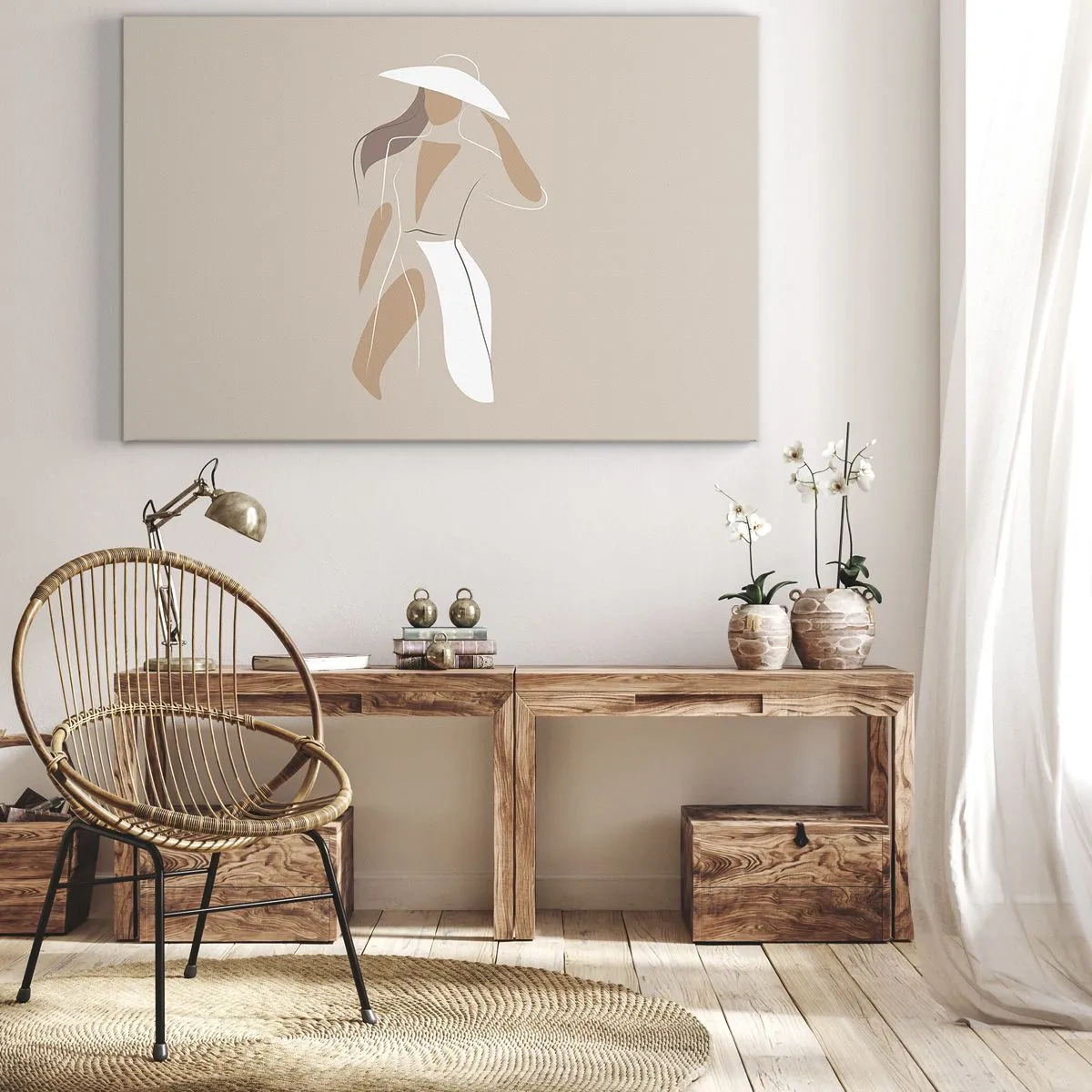 Bild auf Leinwand - Leinwandbild - Eine minimalistische Zeichnung einer Frau mit Hut auf beigem Hintergrund. - 70x50cm - Mode macht Spaß - Moderne Wanddekoration für Wohnzimmer und Schlafzimmer ARTTOR