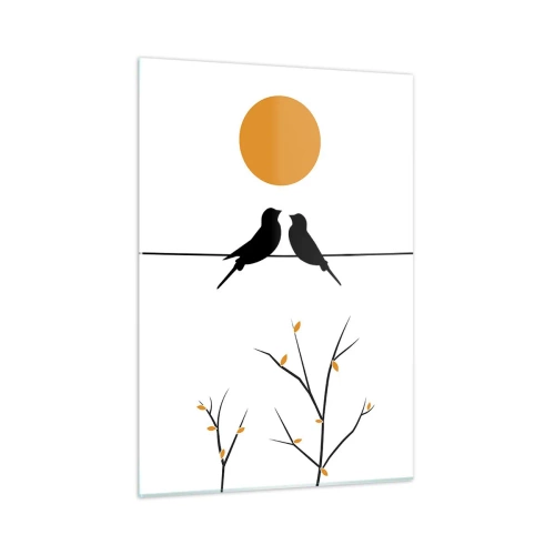 Glasbild - Bild auf glas - Vögel auf einer Linie unter einer orangefarbenen Sonne - 50x70cm - Abend der Nachtigallen - Moderne Wanddekoration für Wohnzimmer und Schlafzimmer ARTTOR
