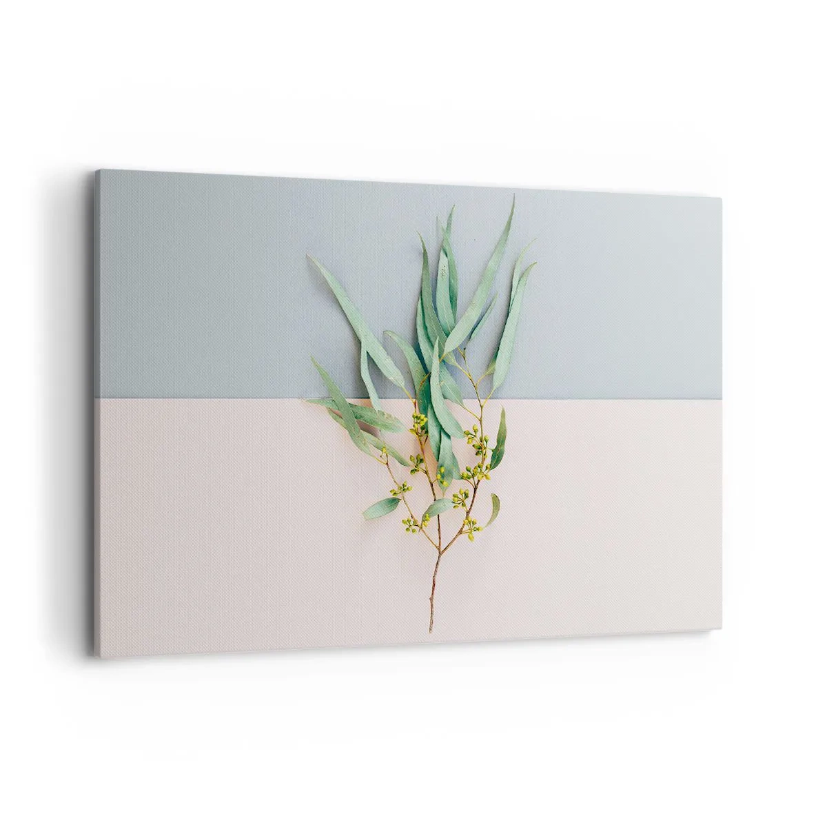 Bild auf Leinwand - Leinwandbild - Ein Zweig mit Blättern auf einem Hintergrund in Pastelltönen - 120x80cm - Pastellige Subtilität - Moderne Wanddekoration für Wohnzimmer und Schlafzimmer ARTTOR