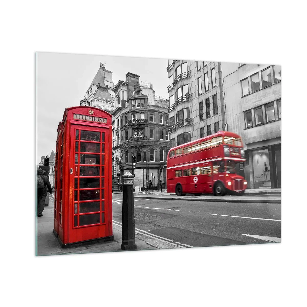 Glasbild - Bild auf glas - Rote Telefonzelle und Bus in London - 100x70cm - Das Rotste in Europa - Moderne Wanddekoration für Wohnzimmer und Schlafzimmer ARTTOR