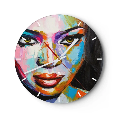 Wanduhr - Glasuhr - Ein farbenfrohes Frauenporträt in intensiven Farben - 30x30cm - Es ist unmöglich die Augen abzuwenden - Moderne Wanddekoration für Wohnzimmer, Küche und Schlafzimmer ARTTOR