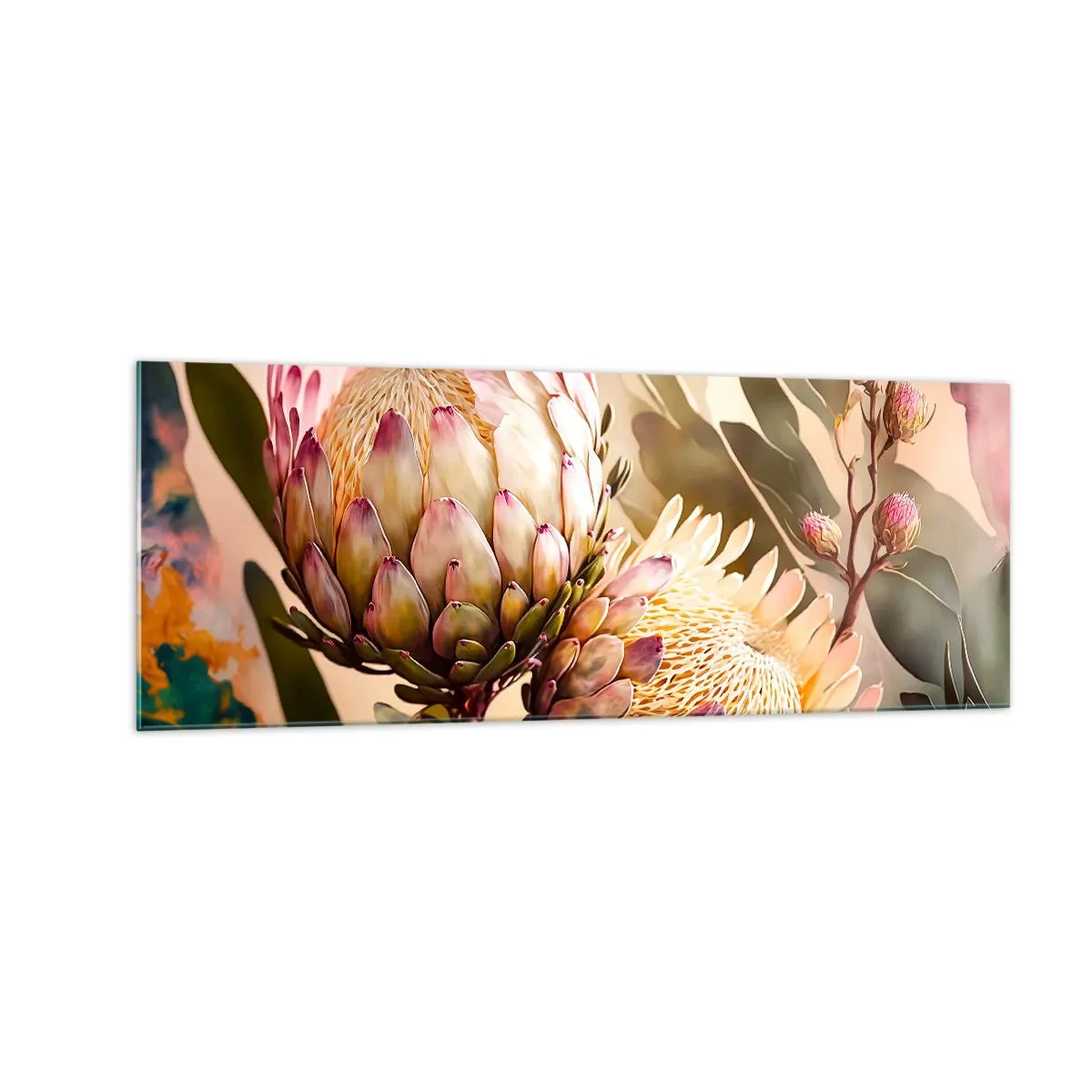 Glasbild - Bild auf glas - Bunte Protea-Blüten auf zartem Hintergrund - 140x50cm - Zärtlich umarmt - Moderne Wanddekoration für Wohnzimmer und Schlafzimmer ARTTOR