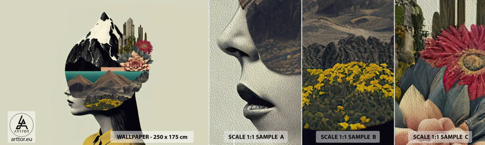 Fototapeten Muster Premium Sand - Frau – bleibt immer ein Geheimnis - Berge, Geist, Kopf - 100x30 cm