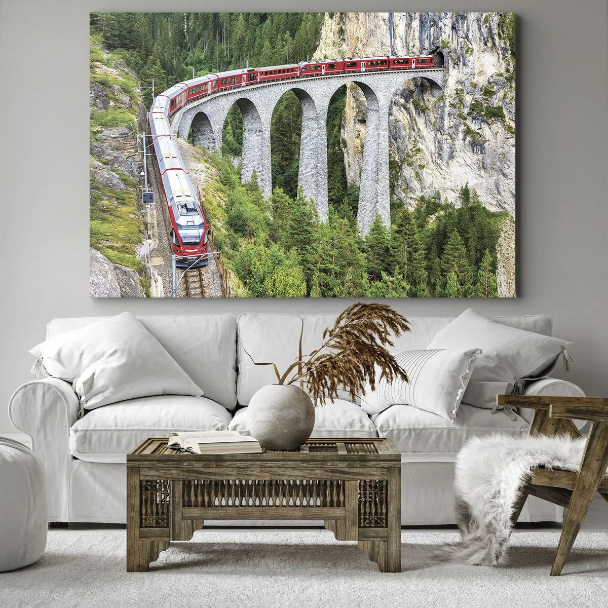 Bild auf Leinwand - Leinwandbild - Ein Zug auf einem malerischen Viadukt in einer Berglandschaft - 70x50cm - Eisenbahn für Bergblick - Moderne Wanddekoration für Wohnzimmer und Schlafzimmer ARTTOR
