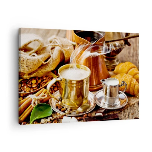 Bild auf Leinwand - Leinwandbild - Eine goldene Tasse Kaffee, umgeben von Bohnen, Krügen und Croissants - 70x50cm - Schönen Tag noch! - Moderne Wanddekoration für Wohnzimmer und Schlafzimmer ARTTOR
