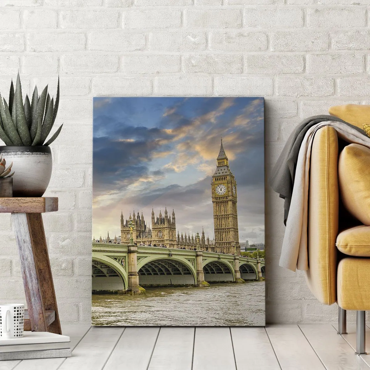 Bild auf Leinwand - Leinwandbild - Big Ben und Westminster Bridge gegen den Himmel in der Abenddämmerung - 80x120cm - Im Imperium ist die Zeit stehen geblieben - Moderne Wanddekoration für Wohnzimmer und Schlafzimmer ARTTOR