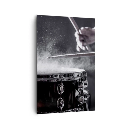 Bild auf Leinwand - Leinwandbild - Schlagen der Snare Drum mit Sticks mit Staubeffekt - 80x120cm - Der Puls der Musik - Moderne Wanddekoration für Wohnzimmer und Schlafzimmer ARTTOR