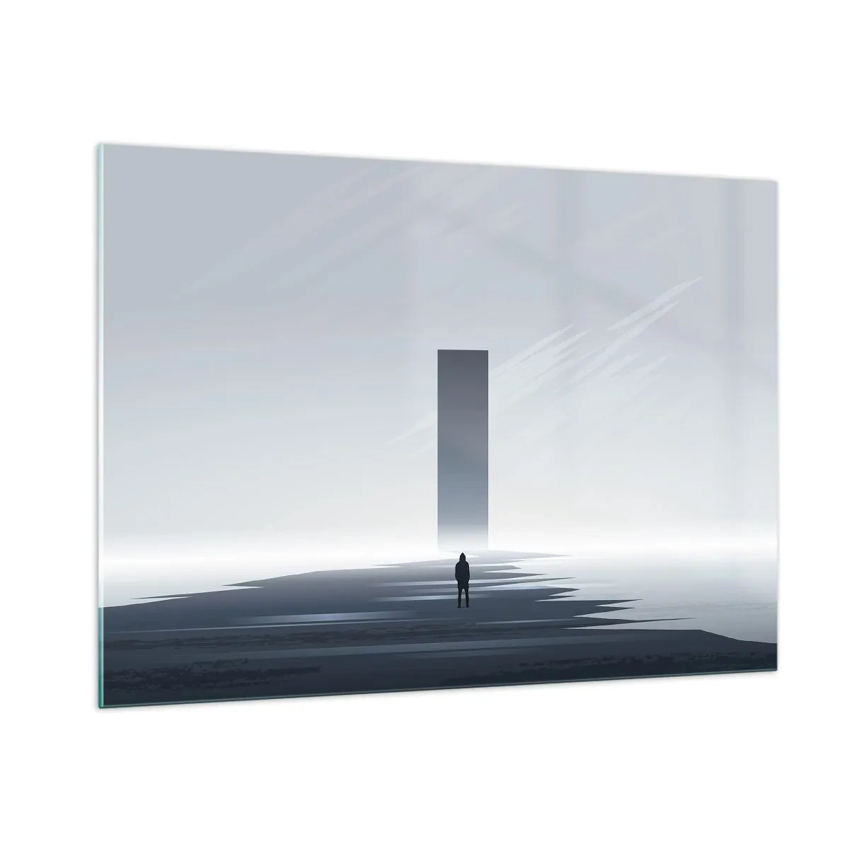 Glasbild - Bild auf glas - Eine minimalistische Landschaft mit einer Figur und einem Monolithen in der Ferne. - 100x70cm - Chance oder Bedrohung? - Moderne Wanddekoration für Wohnzimmer und Schlafzimmer ARTTOR