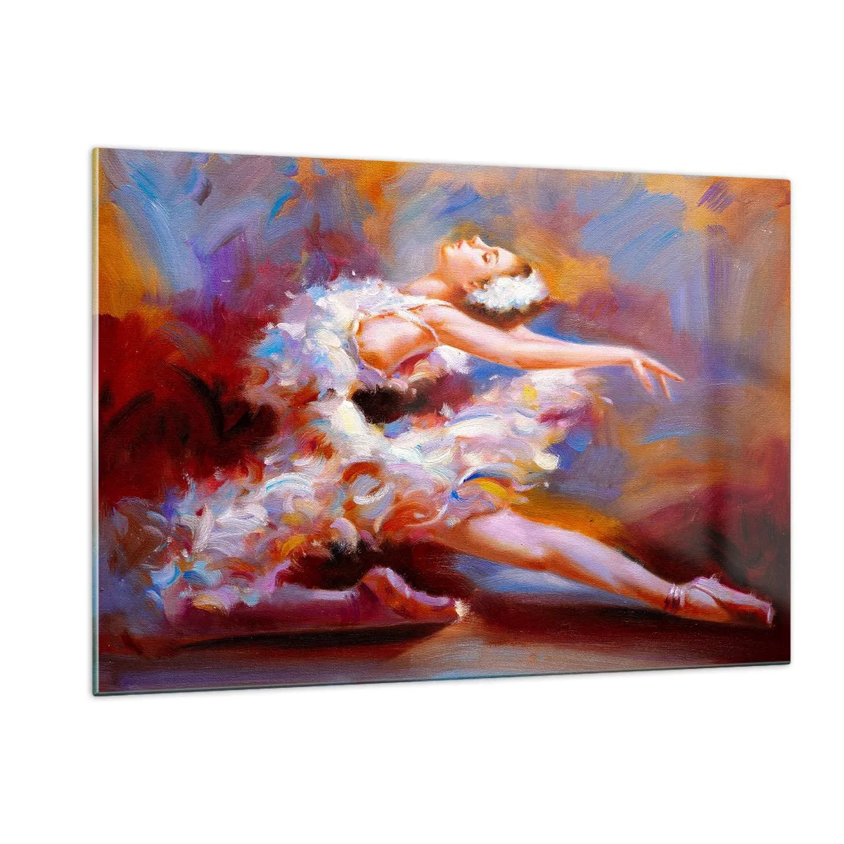 Glasbild - Bild auf glas - Eine Ballerina in einer dynamischen Pose vor einem Hintergrund aus abstrakten Farben. - 120x80cm - Schwan Gnade - Moderne Wanddekoration für Wohnzimmer und Schlafzimmer ARTTOR