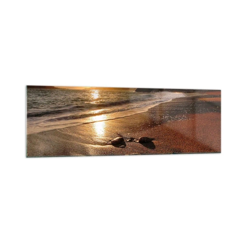 Glasbild - Bild auf glas - Strand bei Sonnenuntergang mit Steinen am Ufer - 160x50cm - Folge der Sonne zu den Hügeln - Moderne Wanddekoration für Wohnzimmer und Schlafzimmer ARTTOR
