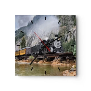 Wanduhr - Glasuhr - Eine Dampflokomotive auf einer Brücke in einer malerischen Berglandschaft - 30x30cm - Wo willst du hin? Wohin? - Moderne Wanddekoration für Wohnzimmer und Schlafzimmer ARTTOR