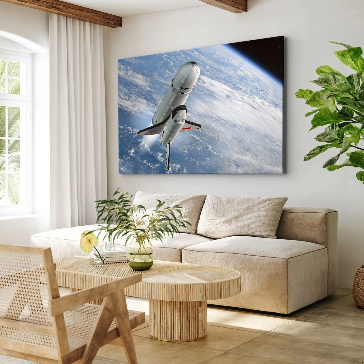 Bild auf Leinwand - Leinwandbild - Eine Weltraumrakete steigt vor dem Hintergrund der Erde auf - 70x50cm - Kosmischer Aufstieg - Moderne Wanddekoration für Wohnzimmer und Schlafzimmer ARTTOR
