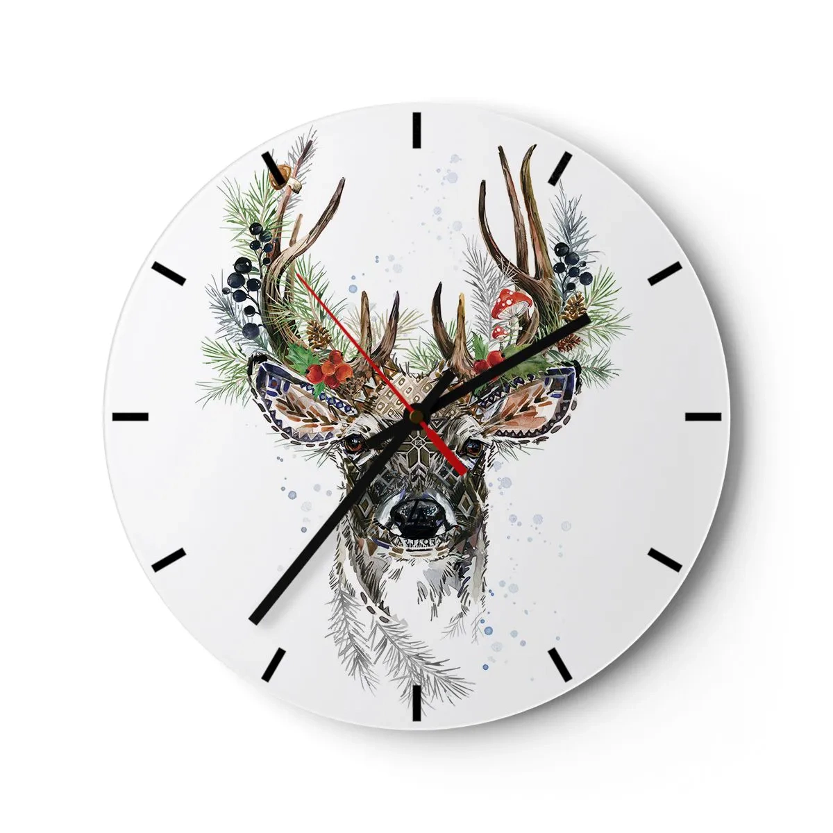 Wanduhr - Glasuhr - Stilisierter Hirsch mit dekorativem Geweih - 30x30cm - Im festlichen Gewand - Moderne Wanddekoration für Wohnzimmer, Küche und Schlafzimmer ARTTOR