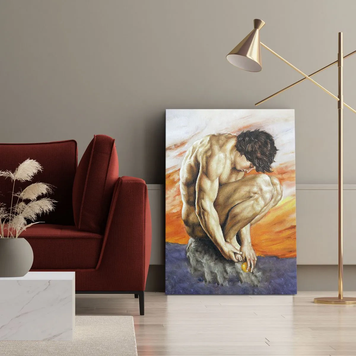 Bild auf Leinwand - Leinwandbild - Ein Mann in Gedanken versunken vor dem Hintergrund eines Sonnenuntergangs - 50x70cm - In sich versunken - Moderne Wanddekoration für Wohnzimmer und Schlafzimmer ARTTOR