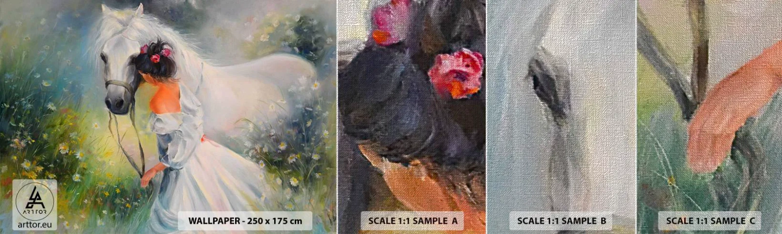 Fototapeten Muster Premium Canvas - Wie aus einem schönen Traum - Frau, Pferd, Wiese - 100x30 cm