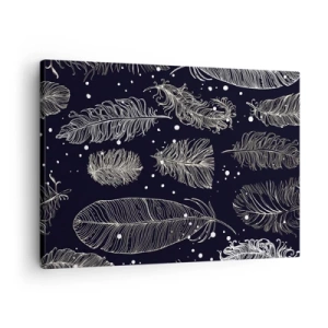 Bild auf Leinwand - Leinwandbild - Zarte weiße Federn auf marineblauem Hintergrund - 70x50cm - Gefiederte Spitze - Moderne Wanddekoration für Wohnzimmer und Schlafzimmer ARTTOR