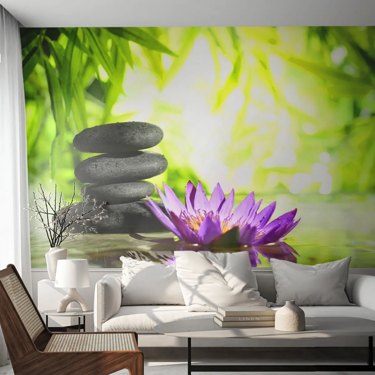 Fototapete Premium Sand - Steinstapel mit lila Lotus in tropischer Umgebung - 100x70cm - In einem Bambusbusch - Moderne Wanddekoration für Wohnzimmer und Schlafzimmer ARTTOR