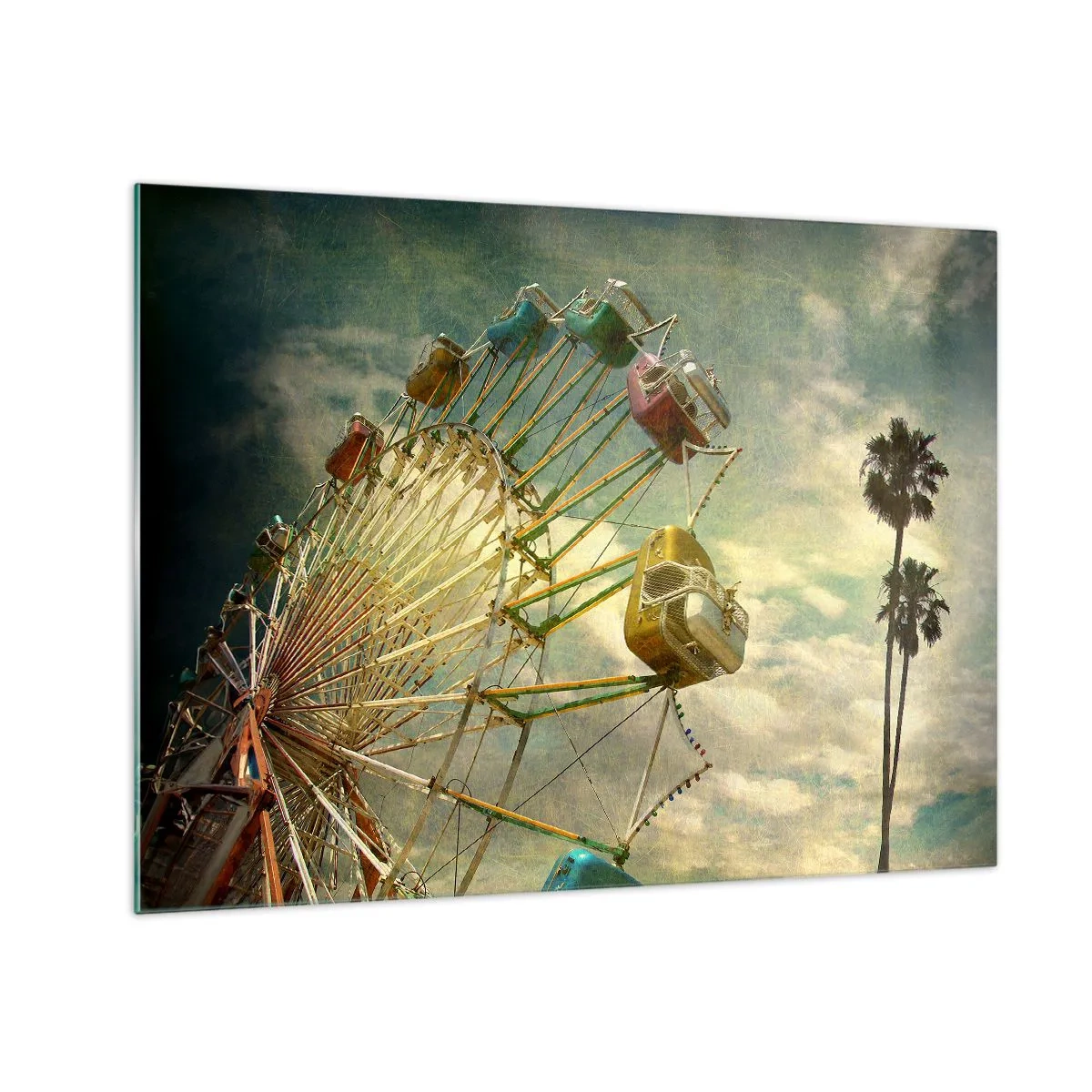 Glasbild - Bild auf glas - Ein Riesenrad vor dem Himmel und Palmen im Retro-Stil - 70x50cm - Es wird Spaß geben ... - Moderne Wanddekoration für Wohnzimmer und Schlafzimmer ARTTOR