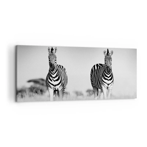 Bild auf Leinwand - Leinwandbild - Zwei Zebras in der Savanne im monochromen Stil - 120x50cm - Die Welt ist doch schwarz-weiß - Moderne Wanddekoration für Wohnzimmer und Schlafzimmer ARTTOR