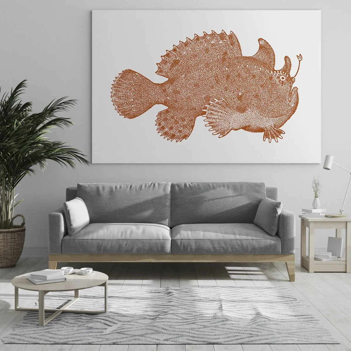 Glasbild - Bild auf glas - Eine rostige Zeichnung eines Tiefseefisches, erstellt mit der Punkttechnik - 70x50cm - Es ist also doch ein Fisch - Moderne Wanddekoration für Wohnzimmer und Schlafzimmer ARTTOR