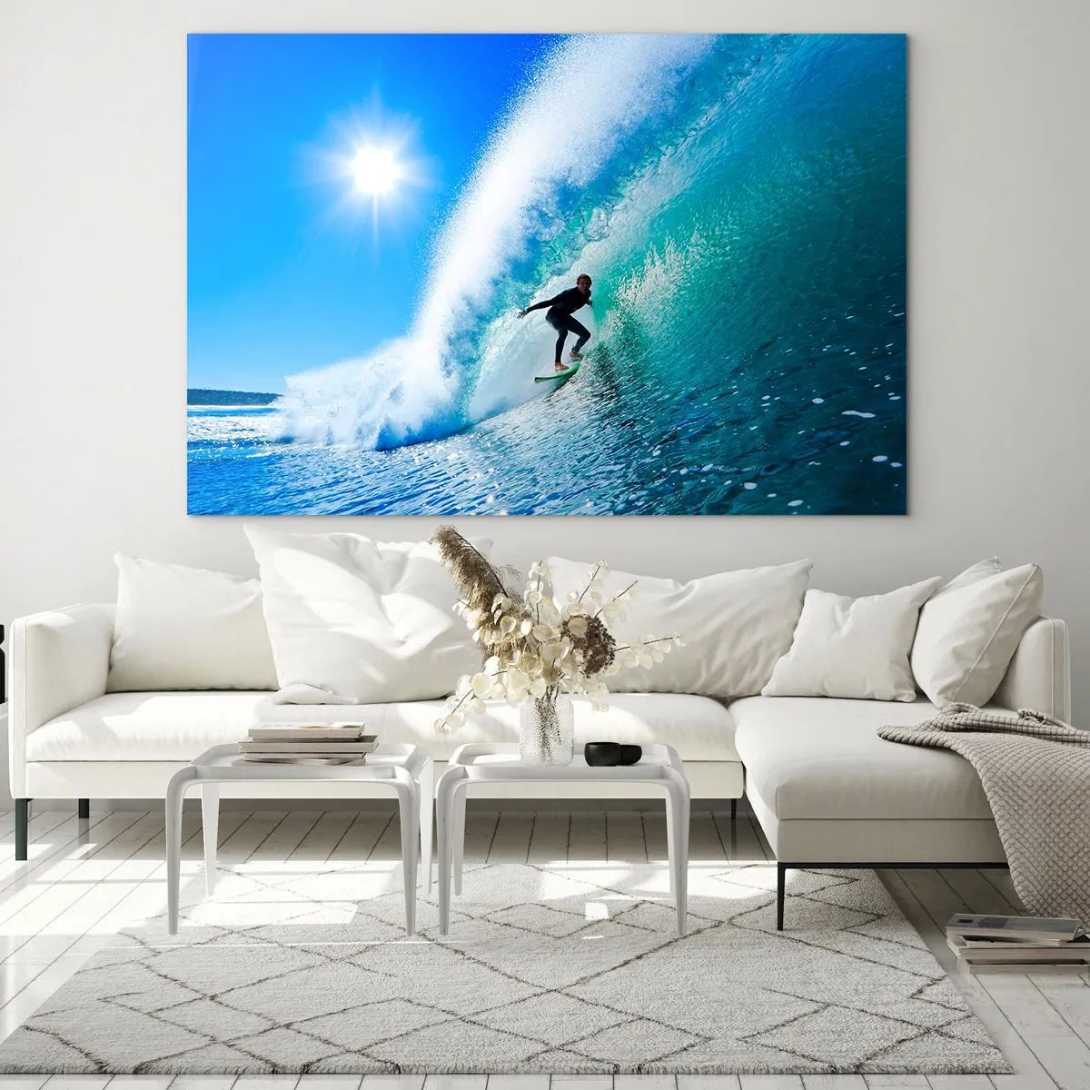 Glasbild - Bild auf glas - Surfer auf einer Welle an einem sonnigen Tag - 120x80cm - Durch das große Blau - Moderne Wanddekoration für Wohnzimmer und Schlafzimmer ARTTOR