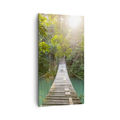 Bild auf Leinwand - Leinwandbild - Über das azurblaue Wasser zum azurblauen Wald - 55x100 cm