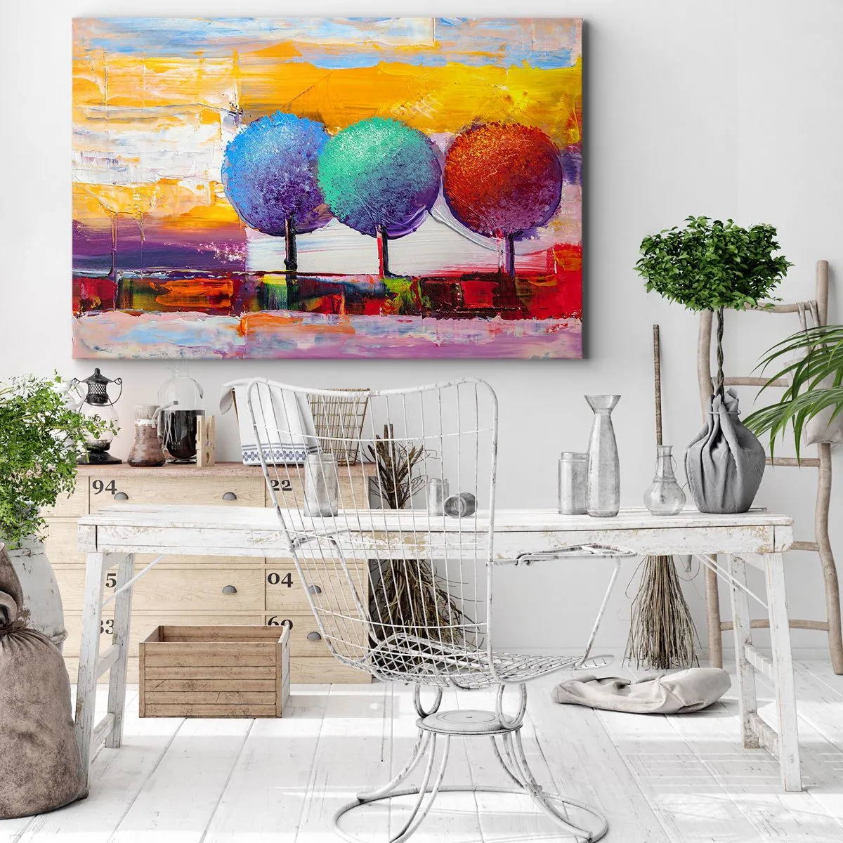 Bild auf Leinwand - Leinwandbild - Drei bunte Bäume auf abstraktem Hintergrund - 100x70cm - Aller guten Dinge sind drei - Moderne Wanddekoration für Wohnzimmer und Schlafzimmer ARTTOR