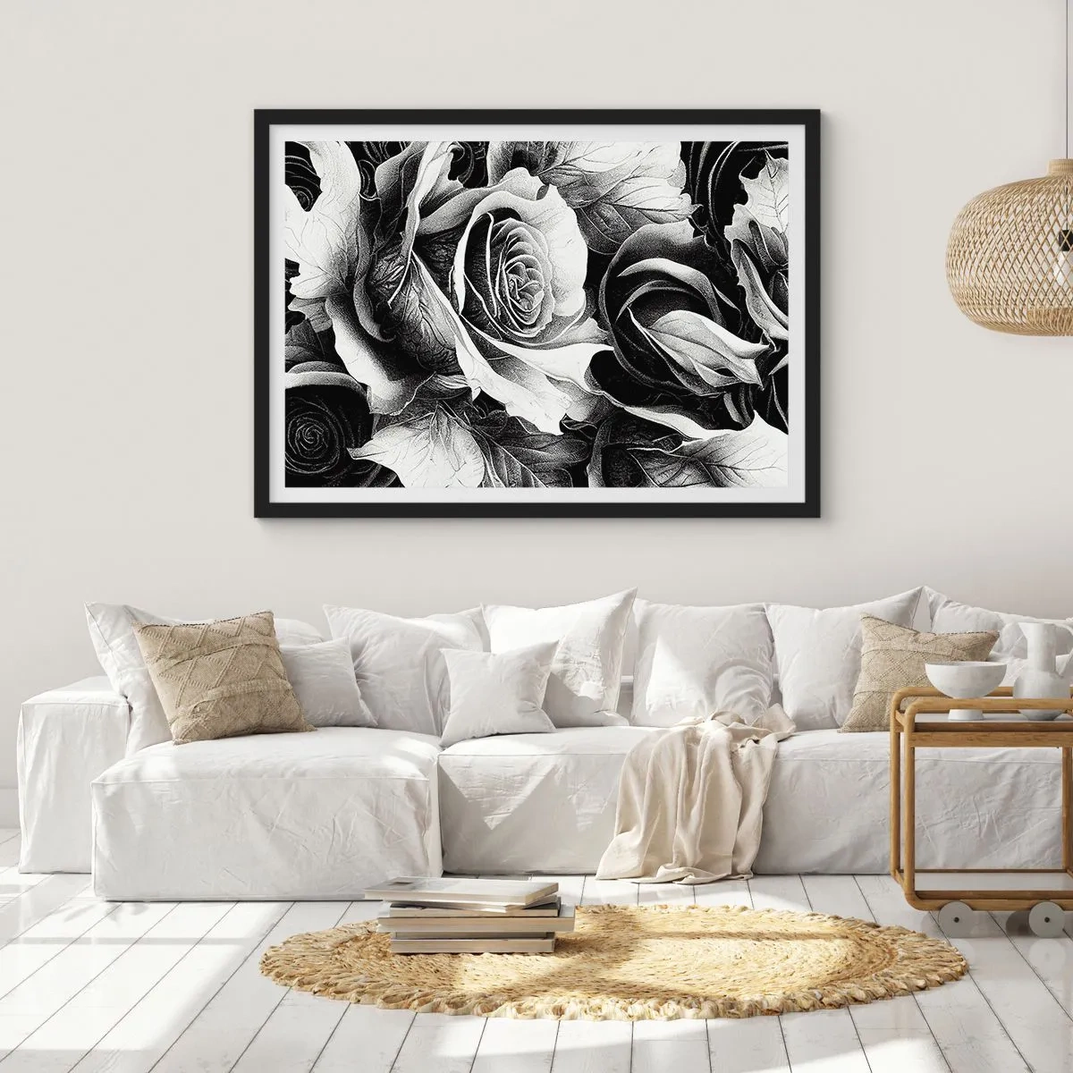 Poster in einem schwarzem Rahmen - Schwarze und weiße Rosen in einer eleganten Komposition - 100x70cm - Immer Königin - Moderne Wanddekoration für Wohnzimmer und Schlafzimmer ARTTOR